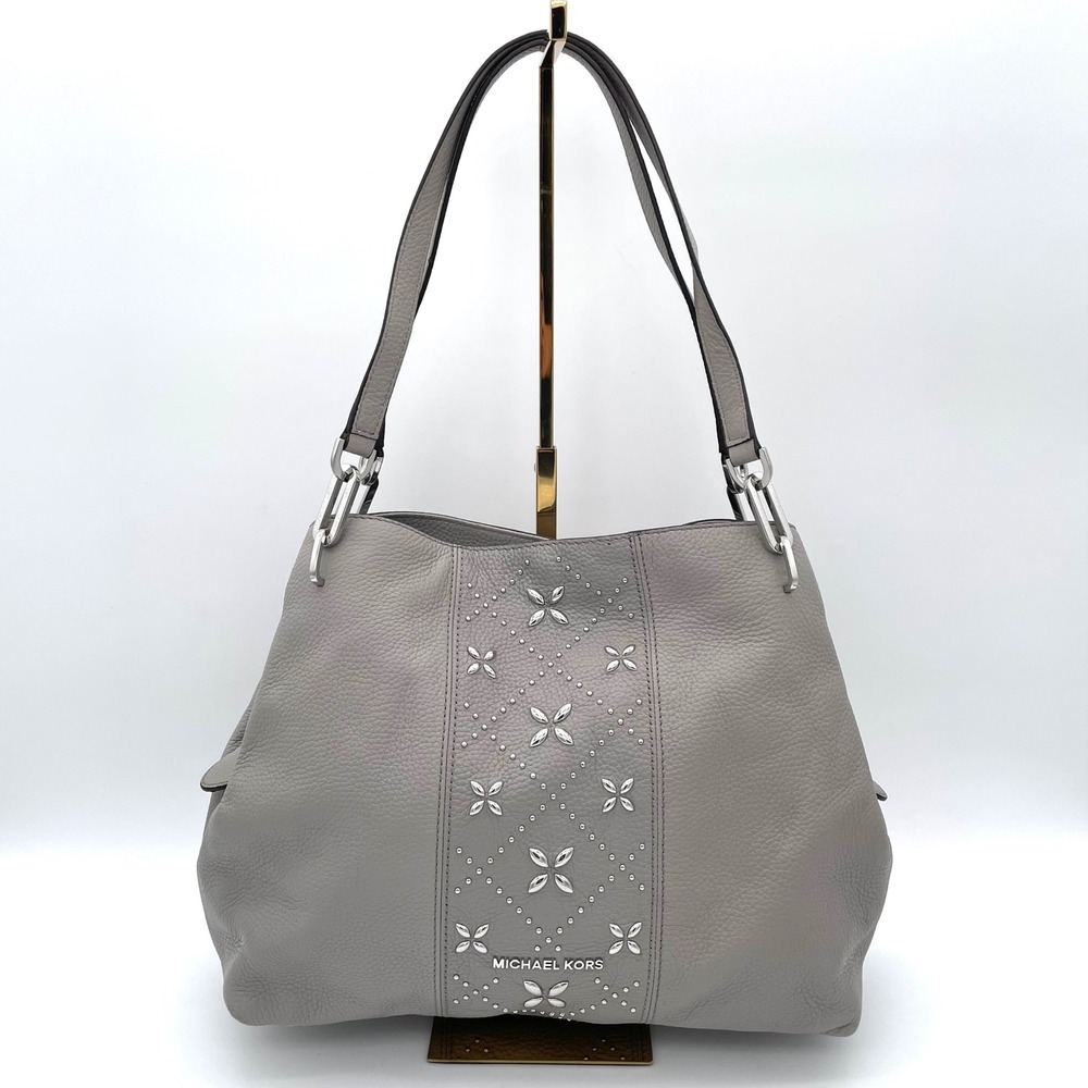Michael Kors Shoulder Bag Leather Womens Grey Excellent Studded Floral Tote